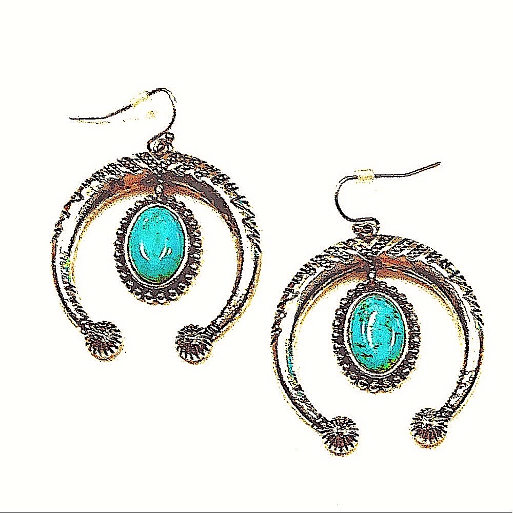 SQUASH BLOSSOM TURQUOISE SILVER EARRINGS  WESTERN SOUTHWESTERN